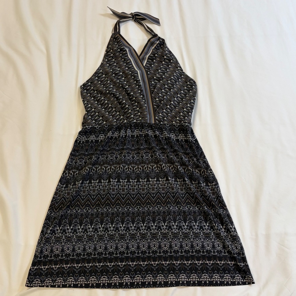 Athleta‎ Halter Mini Dress 8 Black Geometric Tribal Print Shelf Bra 983176-00